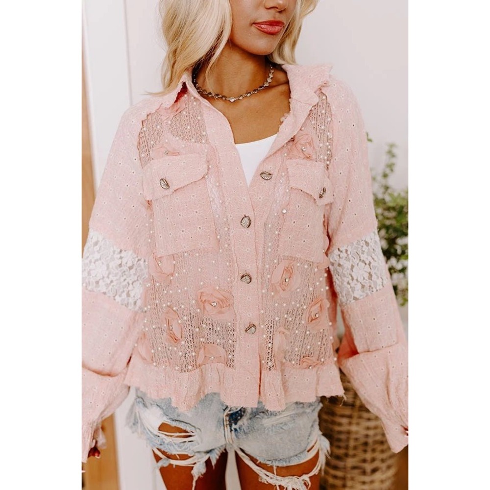 POL Pink Lace Floral Pearl Embellished Shacket S Cottagecore Coquette Whimsical